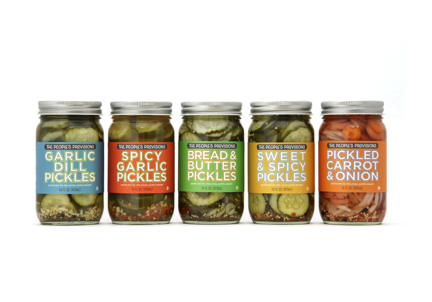 The People's Provisions - All Things Pickled - Garlic Dill, Spicy Garlic, Bread &amp; Butter, Sweet &amp; Spicy, and Pickled Carrots in one gift pack (5 jars)