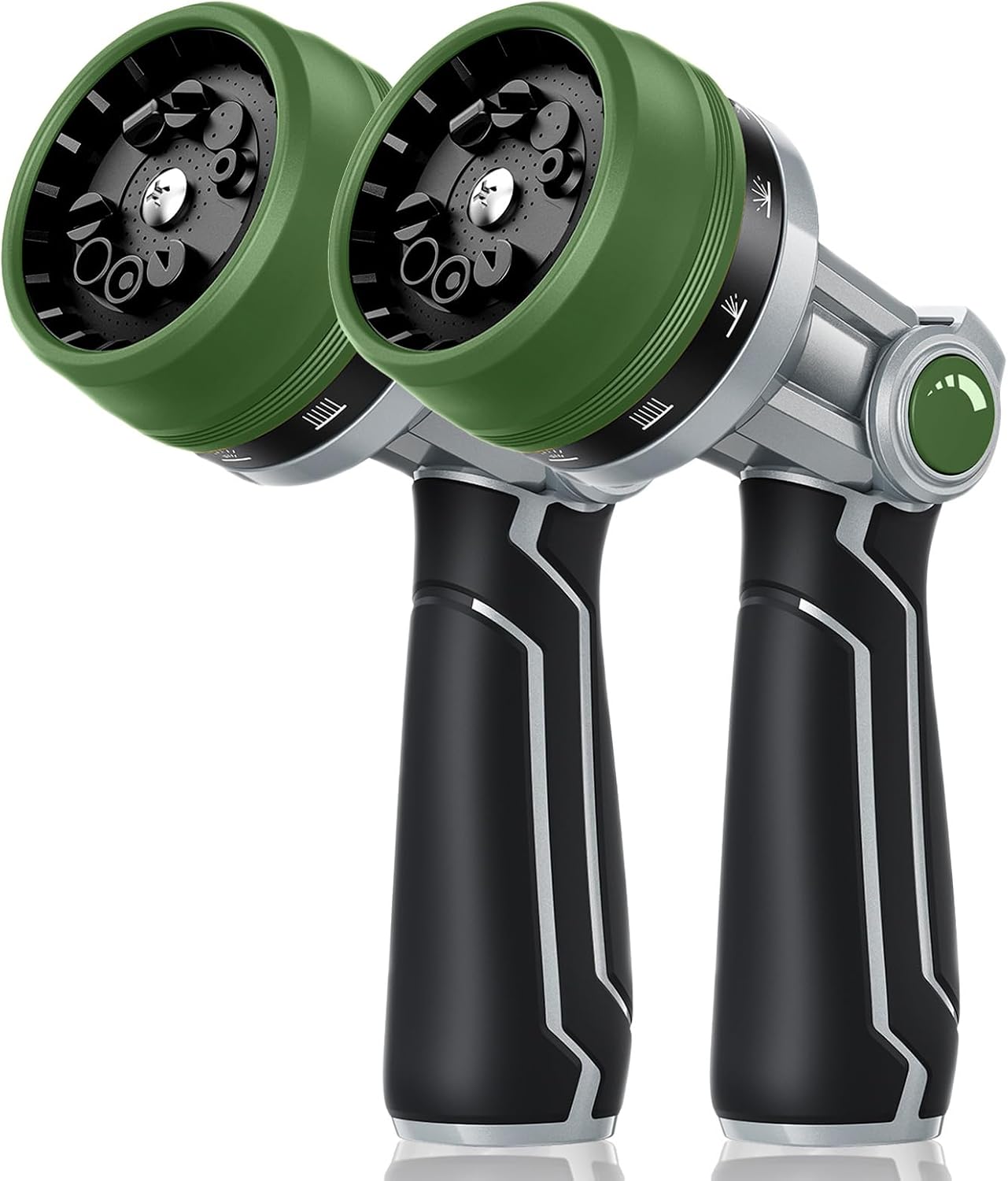 RAINPOINT Full-Metal Garden Hose Nozzle, Heavy Duty Water Hose Nozzle Sprayer With 10 Adjustable Patterns &amp; High Flow,Thumb Control For Flow Adjustment, Ideal For Watering, Washing, Dark Green-2PCS
